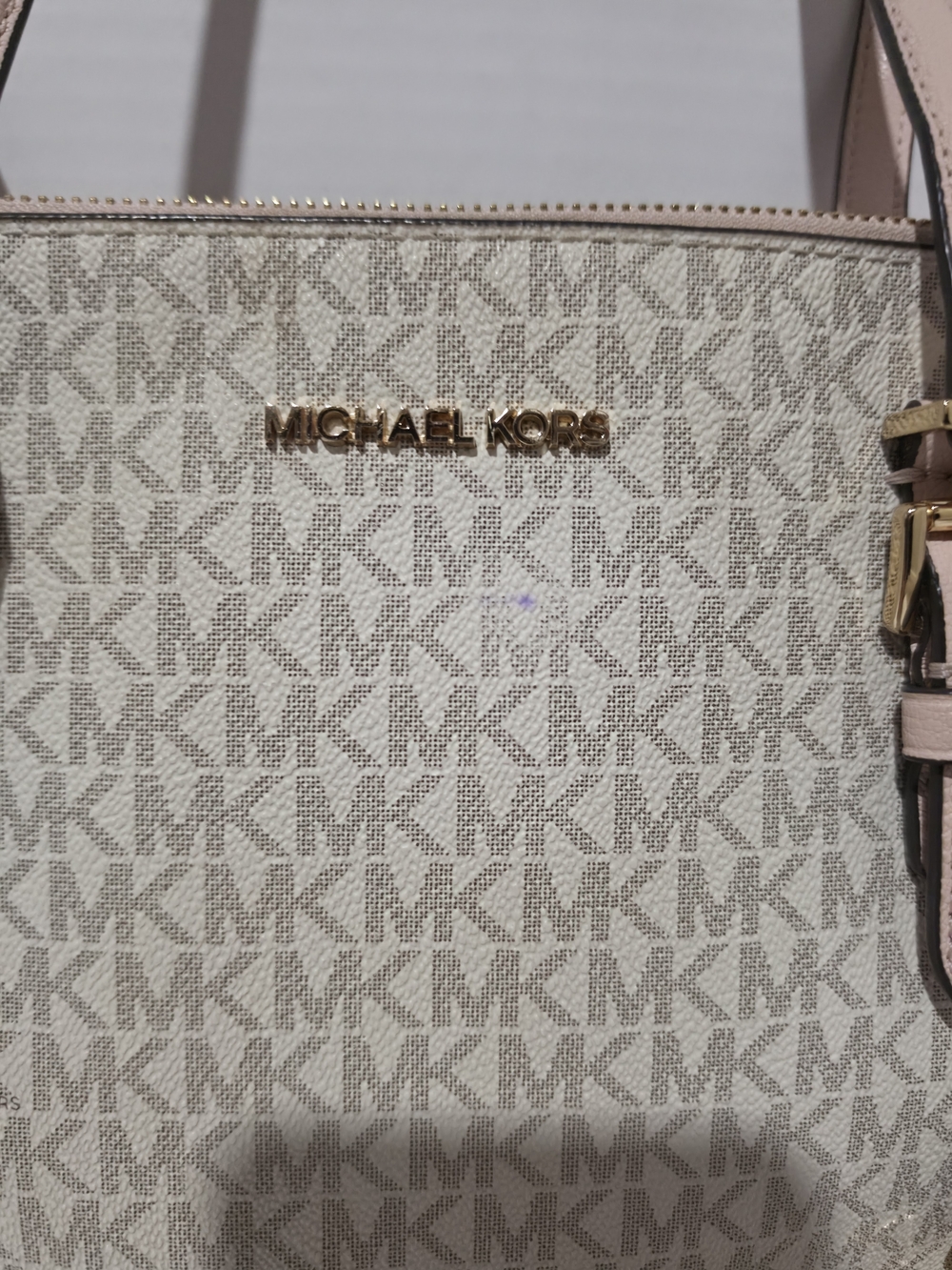 Michael Kors MK Monogram Zip Top Tote Beige/Blush Gold Hardware Charm Pockets - Picture 2 of 10